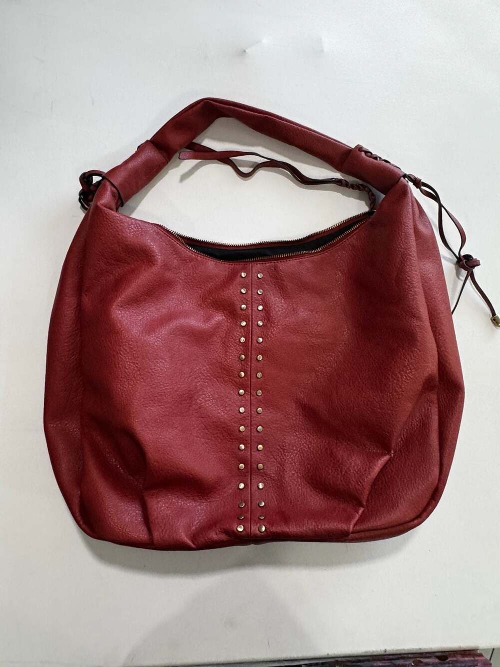 Red Slouchy Hobo Shoulder Bag with Studded Detail and Braided Handle